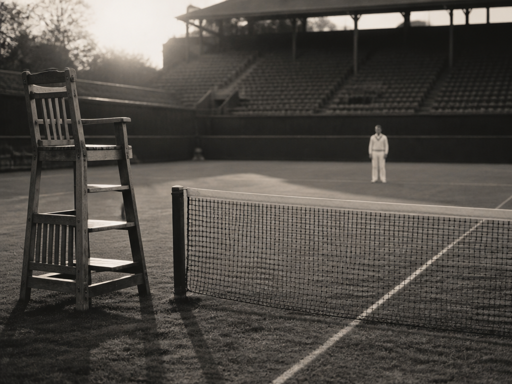 A photorealistic black-and-white archival-style photograph of a vintage grass tennis court from the 1960s…
