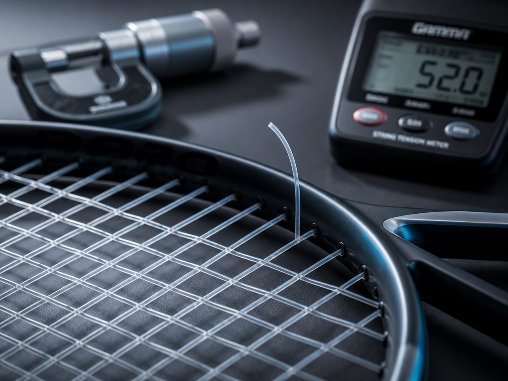 Extreme close-up macro photograph of a brand-new performance tennis racquet lying on a clean…