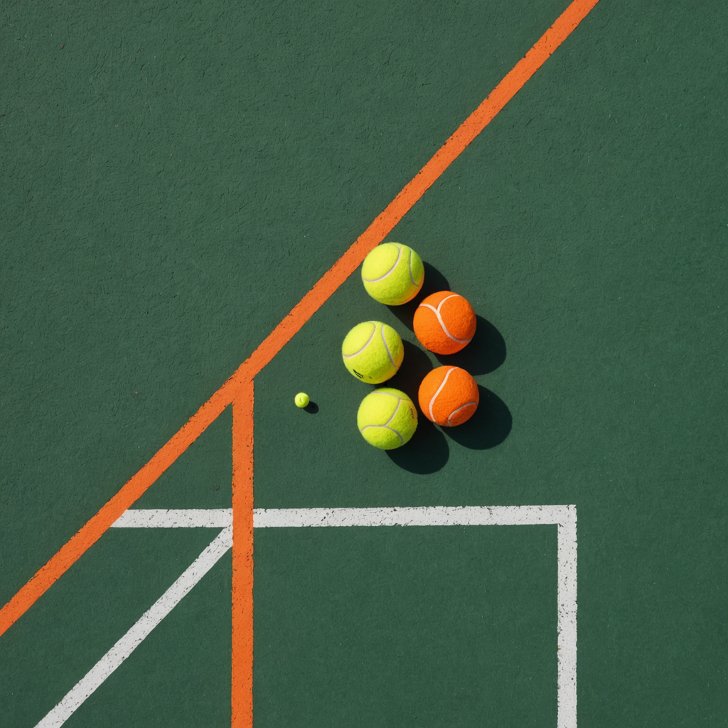 An overhead flat-lay photograph on weathered green asphalt of a tennis coach's teaching kit…