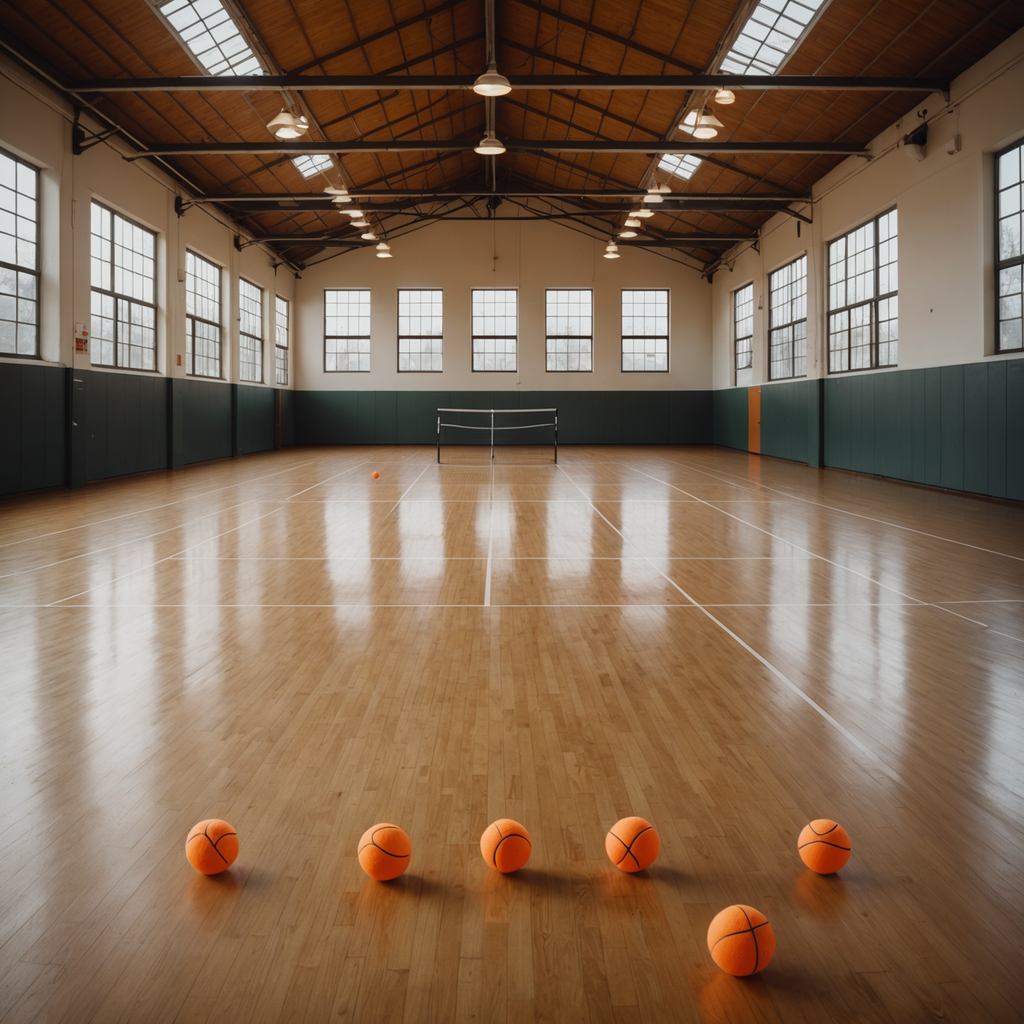 A wide environmental photograph of an empty school gymnasium converted into a beginner tennis…