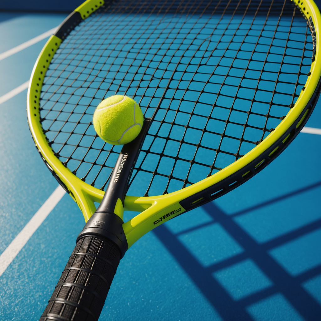 Close-up macro photograph of a modern tennis racquet with a black and neon-yellow cosmetic…