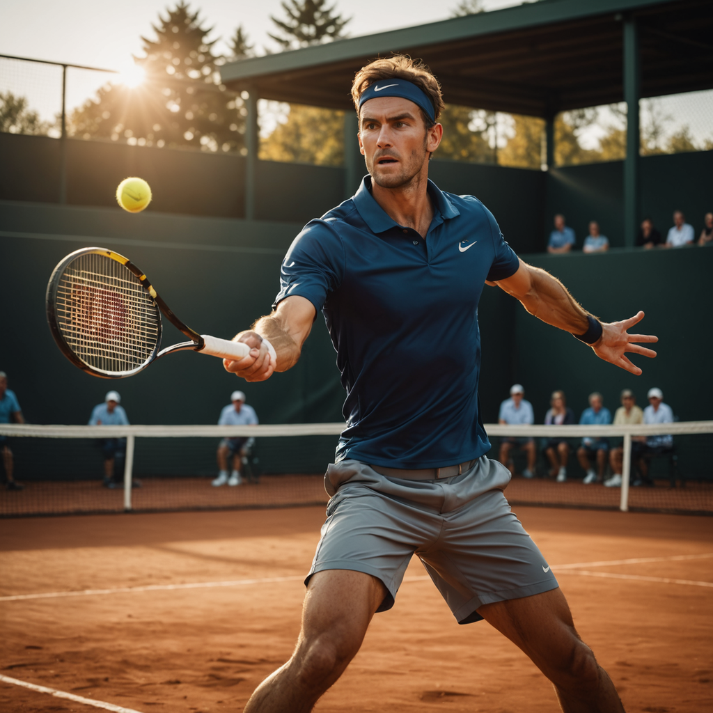Low-angle action photograph of a left-handed professional tennis player mid-swing on a clay court…