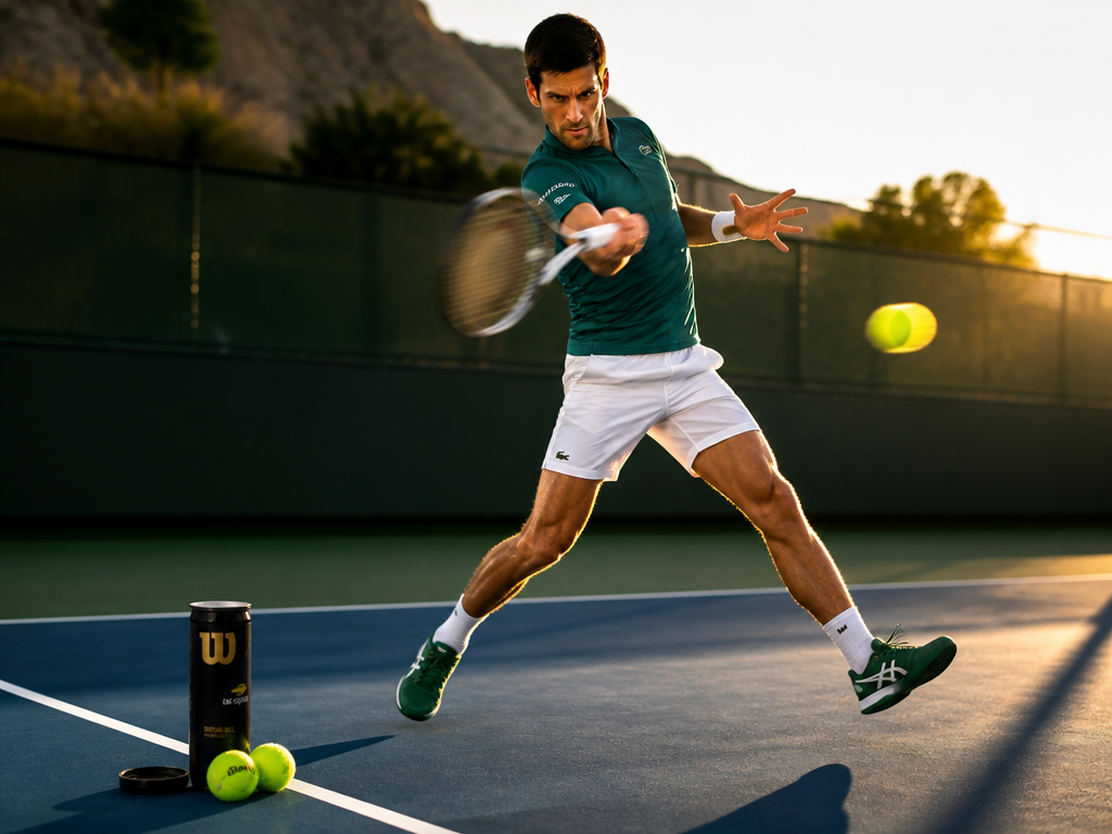 Wide dynamic action photograph of a competitive tennis player mid-forehand drive on an outdoor…
