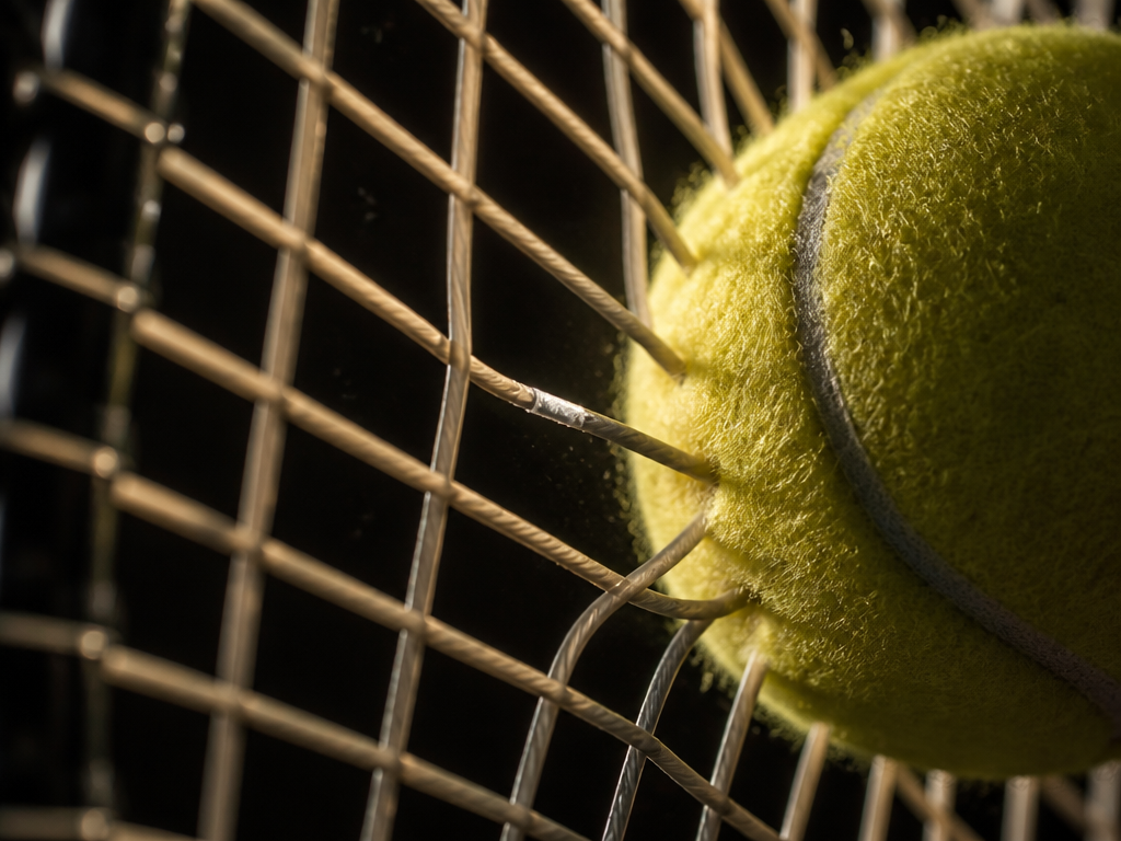 Extreme close-up macro photograph of a tennis racquet's string bed, the textured polyester strings…