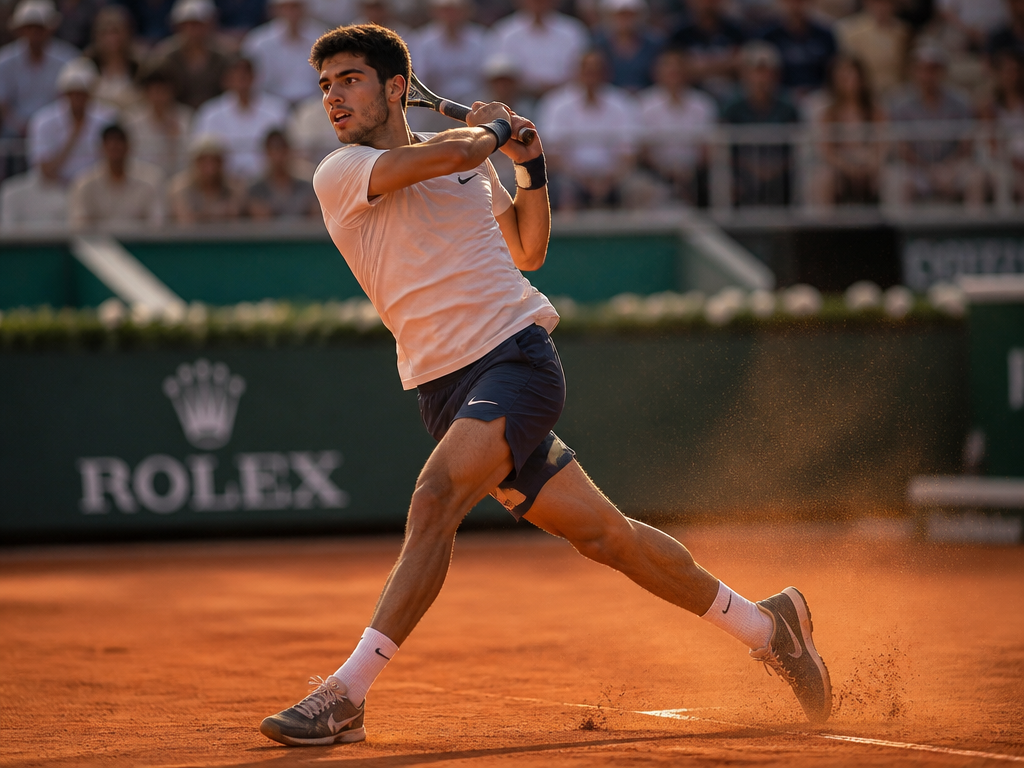 A professional tennis player photographed mid-follow-through during a powerful topspin forehand on a red…