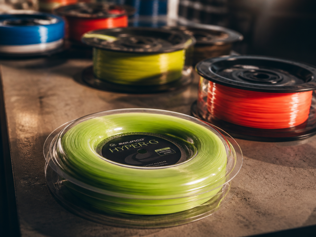 Moody close-up of several spools and reels of tennis string arranged on a clean…