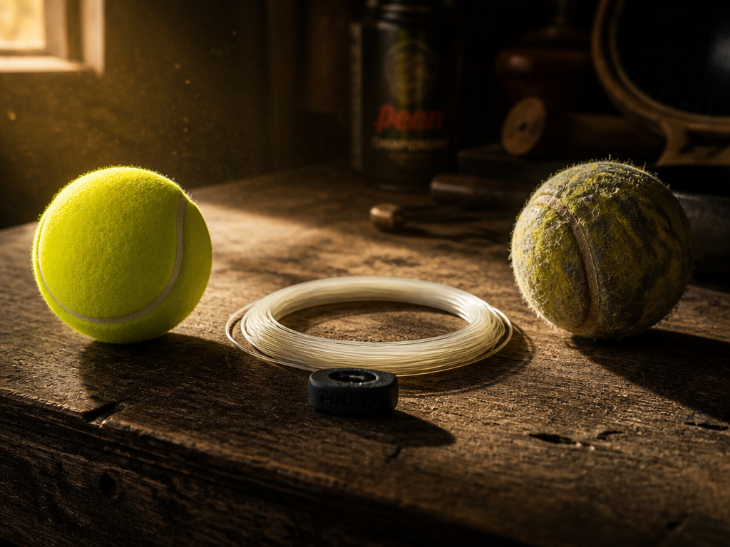 A side-by-side comparison still life on a weathered wooden workbench: on the left a…