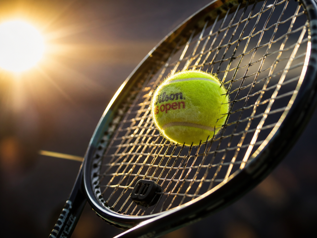 Tightly framed action photograph of a tennis racquet stringbed at the exact moment of…