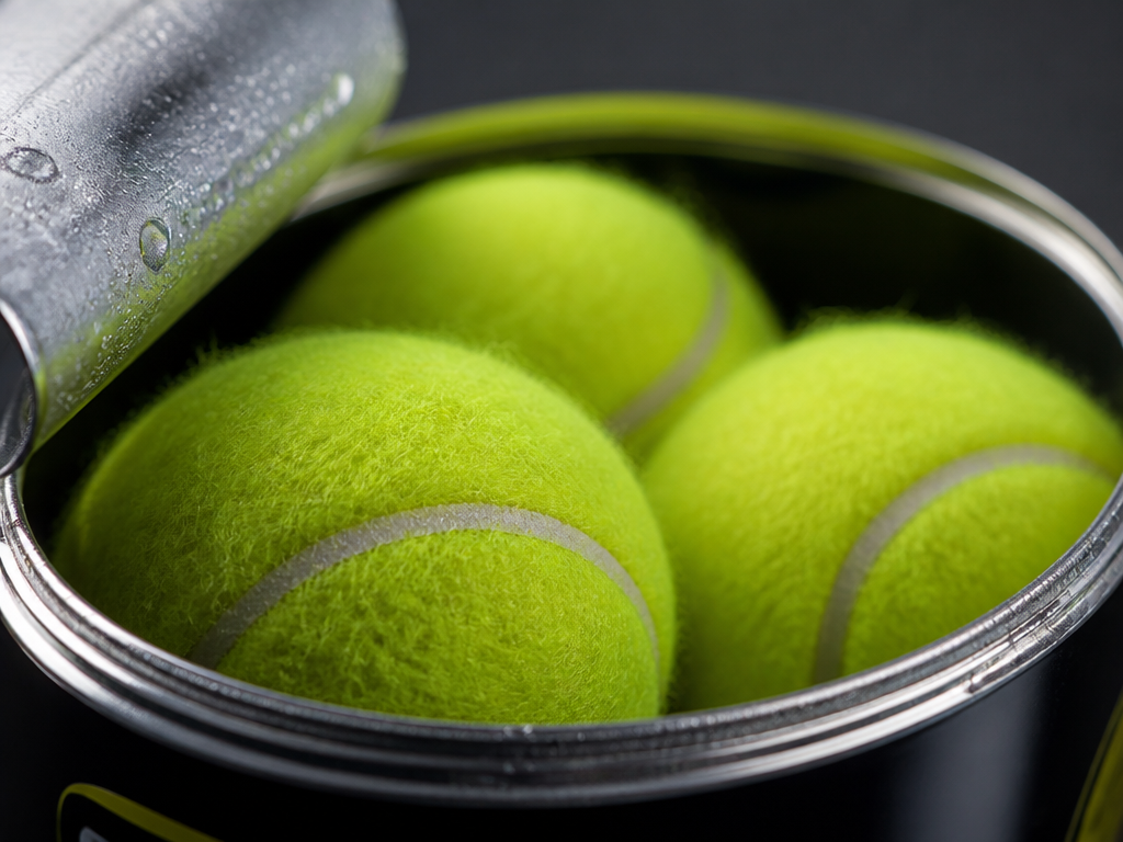 Extreme close-up macro photograph of a freshly opened can of tennis balls, the metal…