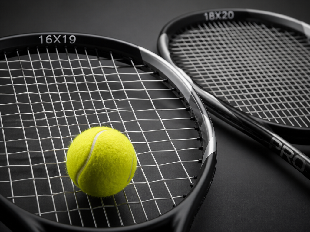 A close-up studio photograph of two tennis racquets lying side by side on a…