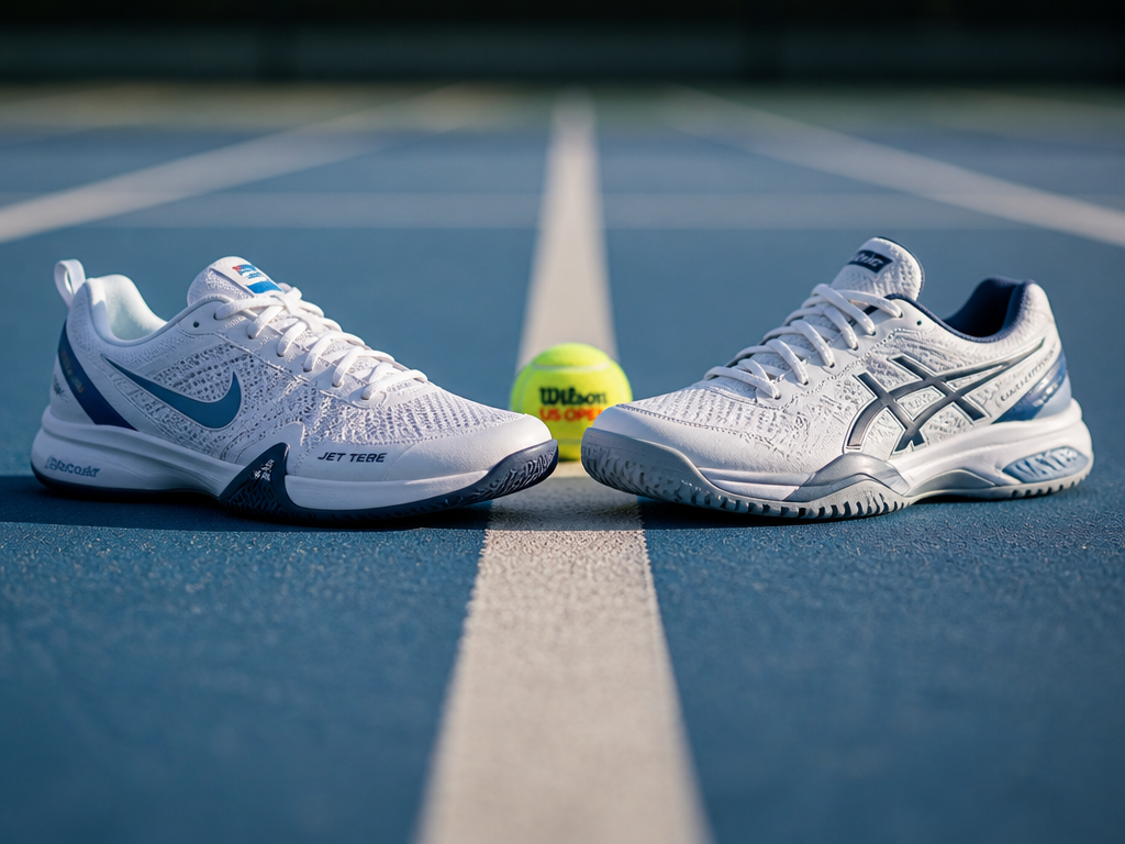 A close-up, low-angle product photograph of two tennis shoes resting side by side on…