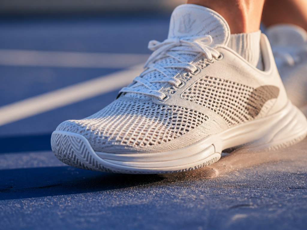 Extreme close-up macro photograph of a single lightweight tennis shoe captured mid-pivot on a…