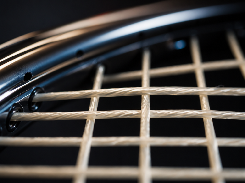Extreme macro photograph of a freshly strung tennis racquet head, focusing on the tightly…