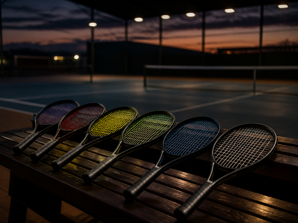 Atmospheric indoor tennis court scene at dusk, six identical racquets laid out in a…