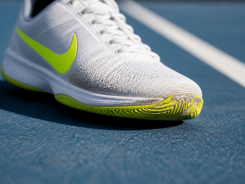 A low-angle macro photograph of a single white-and-volt Nike-style low-profile tennis court shoe planted…