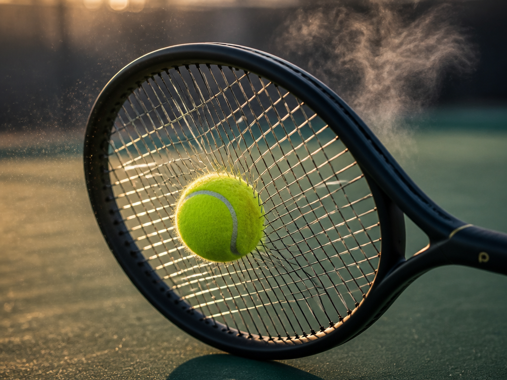 A close-up action photograph of a yellow tennis ball striking the strings of a…