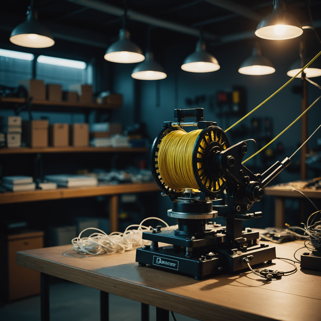 Atmospheric low-angle photograph of an empty professional tennis stringing machine in a dim equipment…