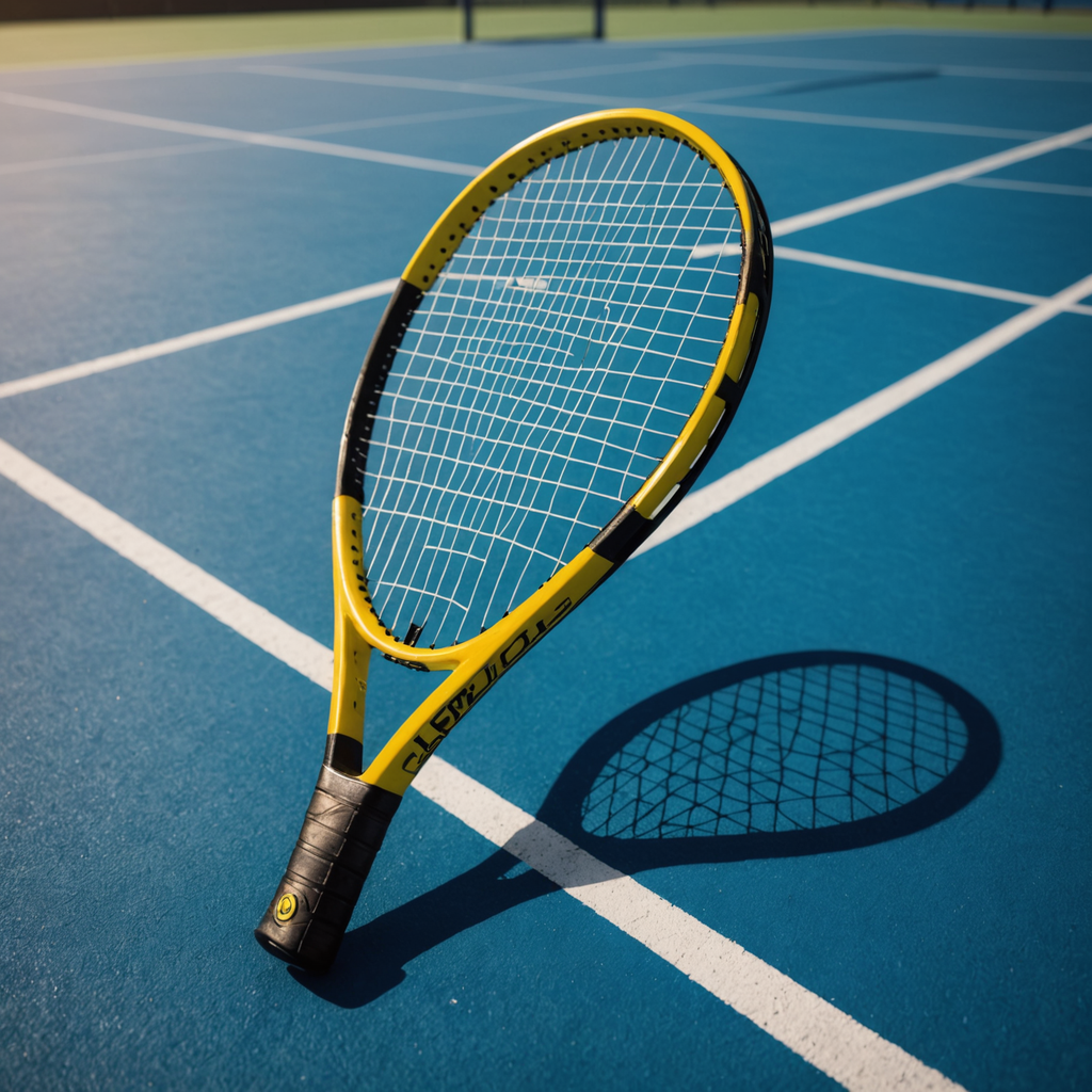 Close-up product photograph of a modern yellow and black tennis racquet with a 98…
