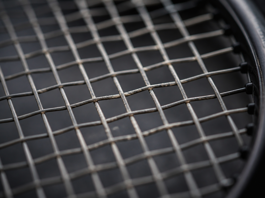 Extreme macro photograph of a tennis racquet's string bed, shot at 90mm with razor-thin…