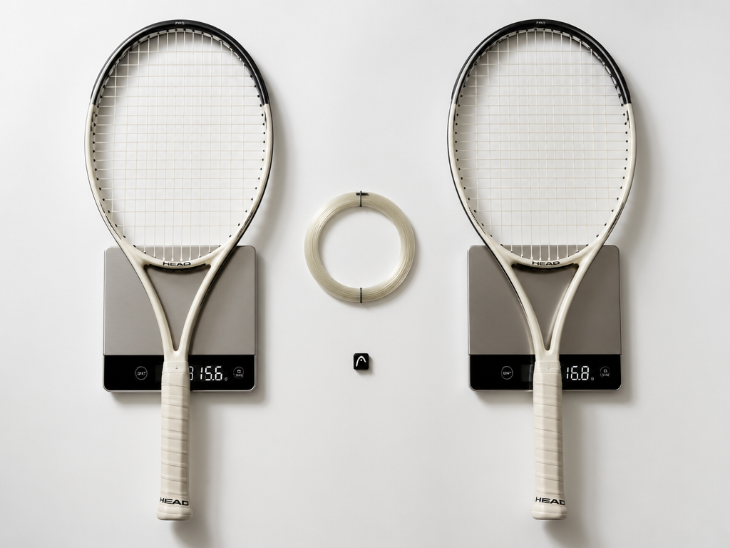 An overhead flat-lay photograph on a clean white seamless surface showing two nearly identical…