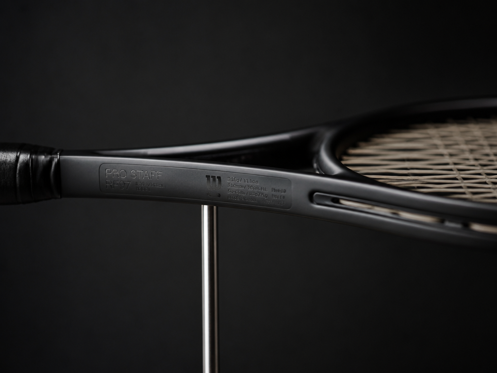 A close-up macro photograph of a single tennis racquet balanced horizontally on a thin…