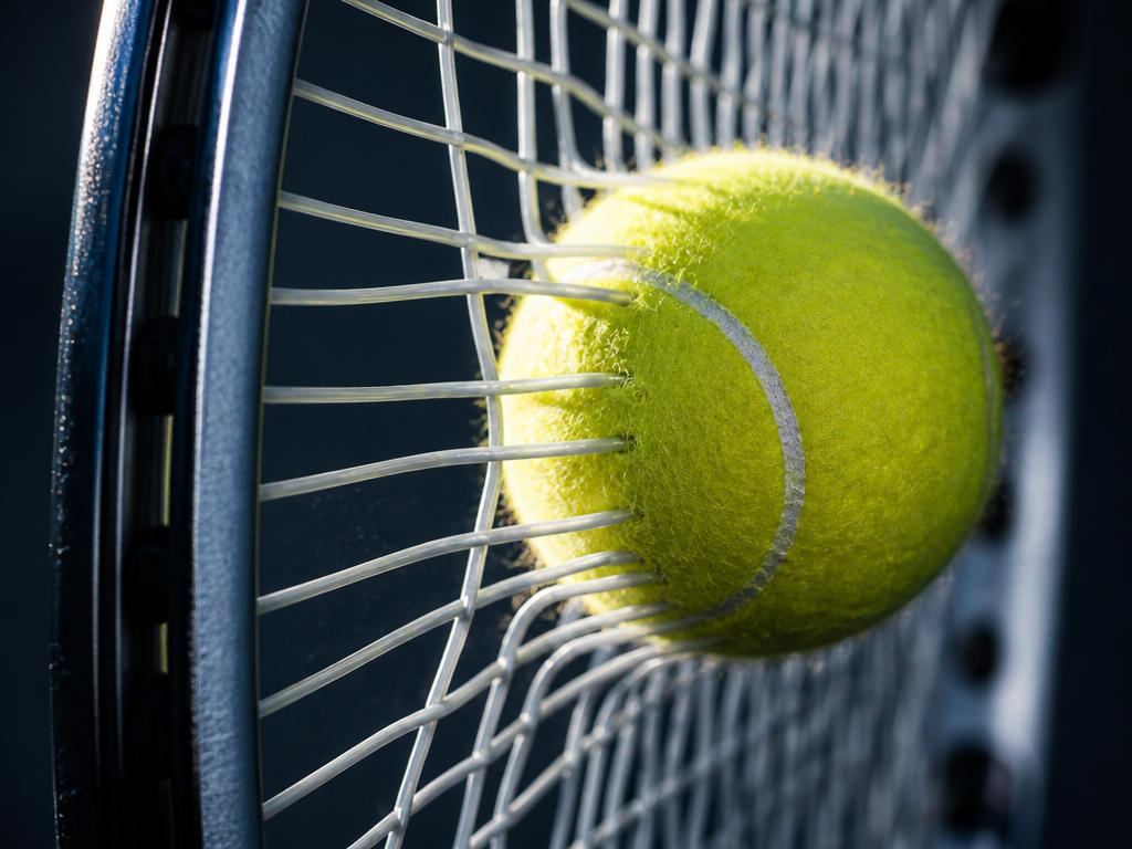 Extreme macro photograph of a tennis racquet string bed at the precise moment of…