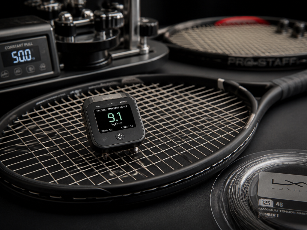 Extreme macro photograph of a freshly strung tennis racquet bed, three adjacent polyester main…