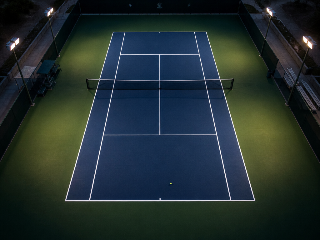 An overhead bird's-eye view of an empty tennis court at dusk, the white boundary…