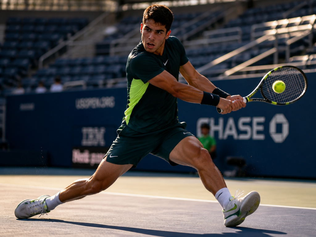 A dramatic low-angle action shot of a professional tennis player mid-stride lunging across a…