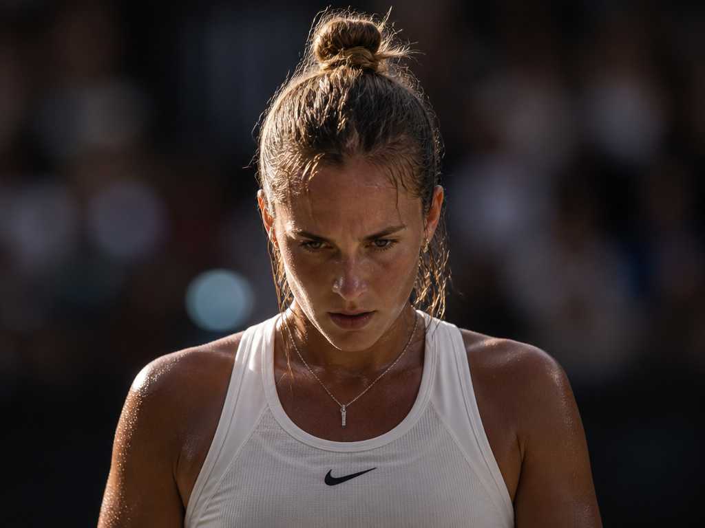 A close-up portrait of an exhausted female tennis player standing at the baseline between…