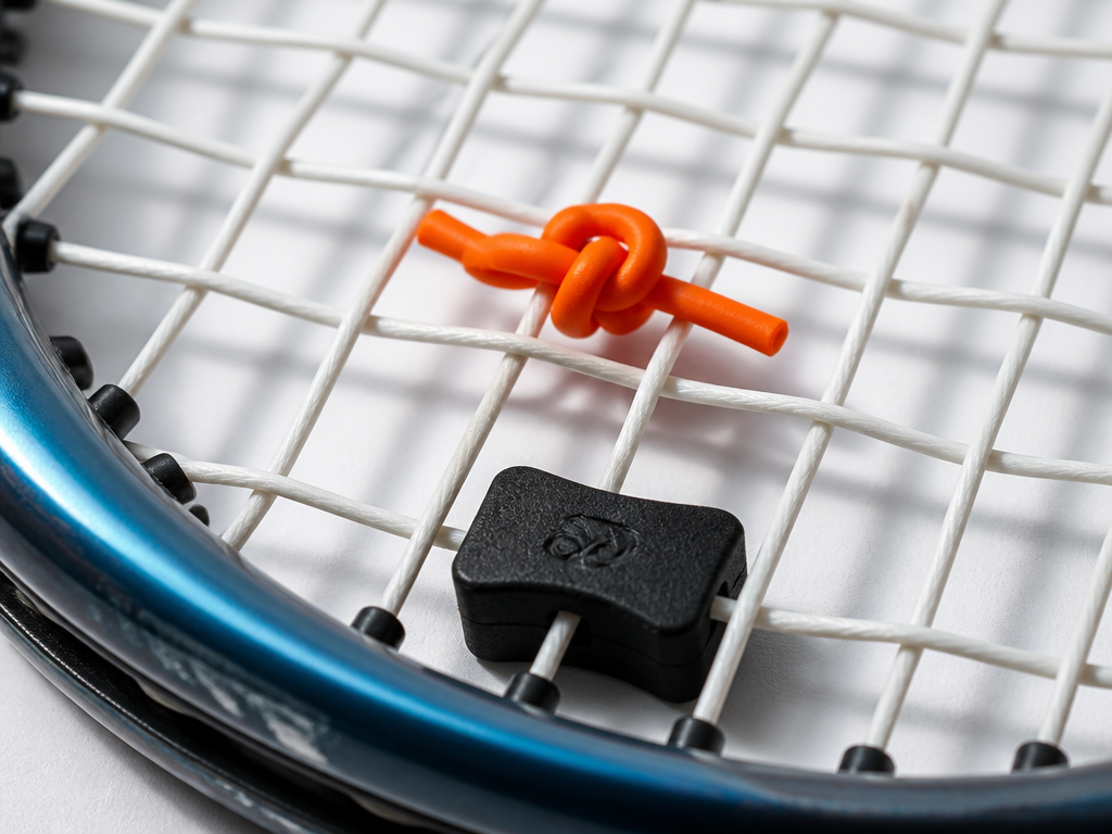Extreme macro close-up of a tennis racquet's string bed laid flat on a clean…