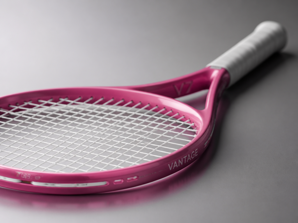 A close-up product still-life of a single pink tennis racquet resting on a clean…