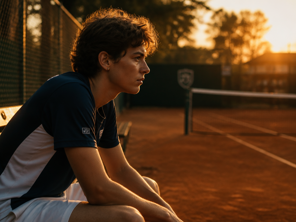 A thoughtful club player seated on a courtside bench at golden hour, leaning forward…