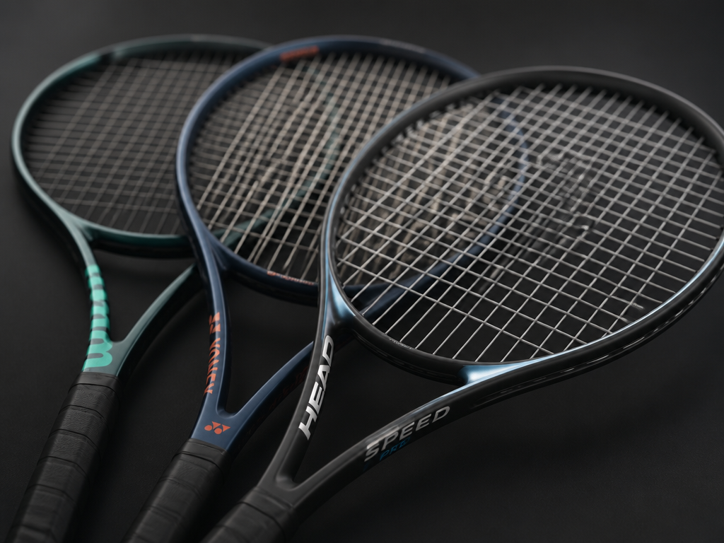 A close-up overhead shot of three tennis racquets arranged in a fan on a…