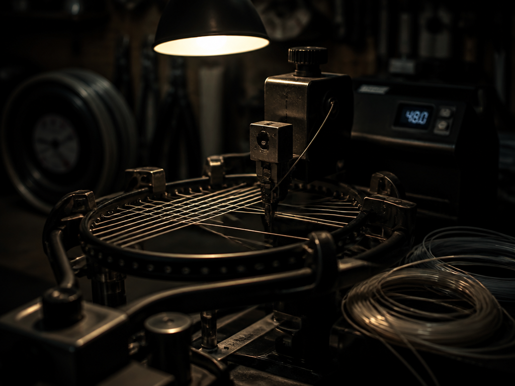 A tennis stringing machine in a dim workshop, a half-strung racquet clamped in the…