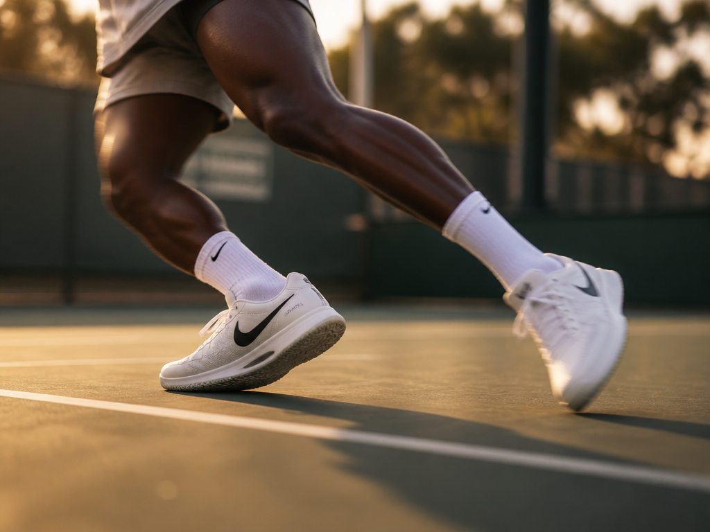 Dynamic low-angle action photograph on an outdoor hard tennis court at golden hour, a…