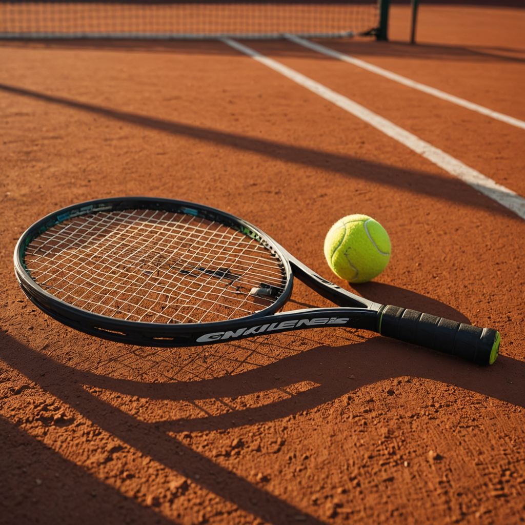 A close-up still life of a professional tennis racquet resting on the red clay…