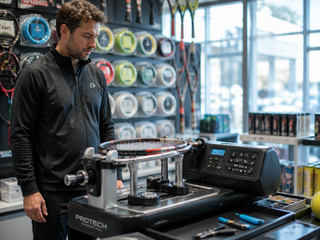 A photorealistic environmental portrait inside a bright tennis pro shop, a focused stringer standing…