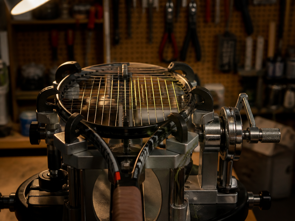 A close-up photorealistic photograph of a manual crank tennis stringing machine in a dimly…
