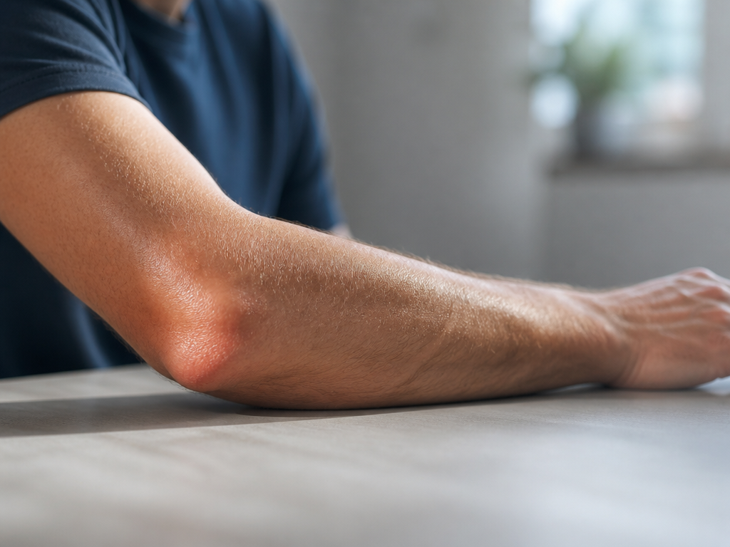 Close-up photorealistic photograph of a middle-aged man's outer elbow and forearm, his arm extended…