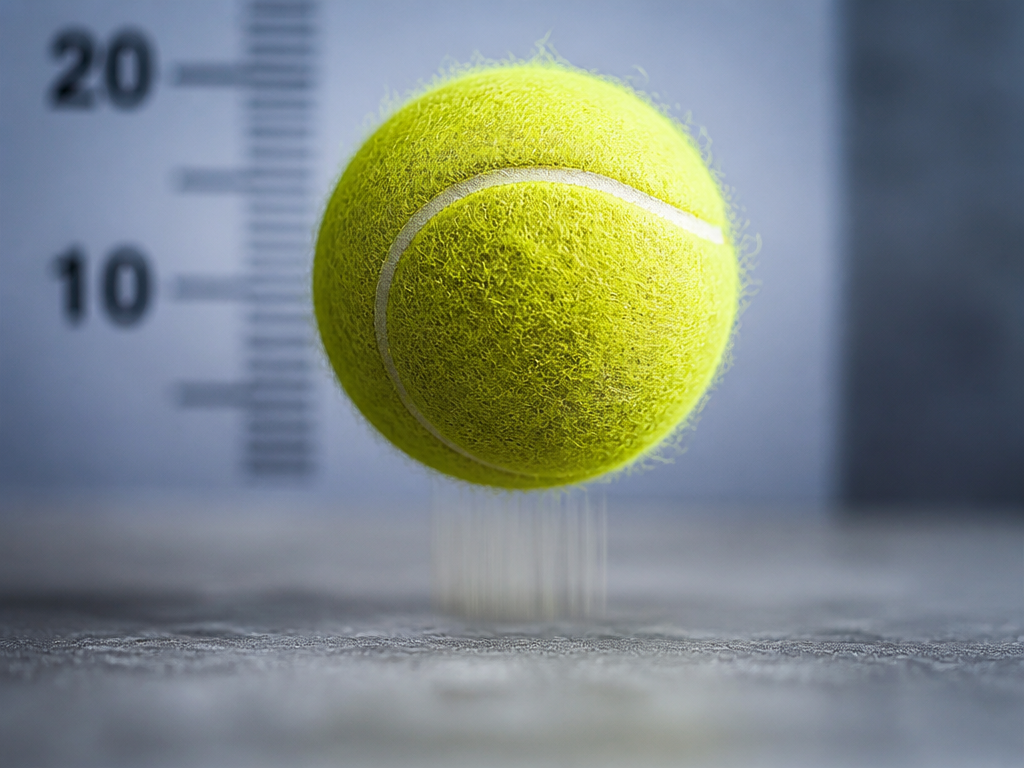 Extreme close-up macro photograph of a single fluorescent-yellow tennis ball frozen mid-bounce just above…