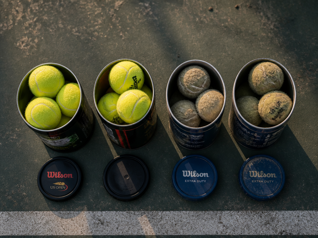 Overhead flat-lay photograph on a weathered hard-court surface showing several open cans of tennis…