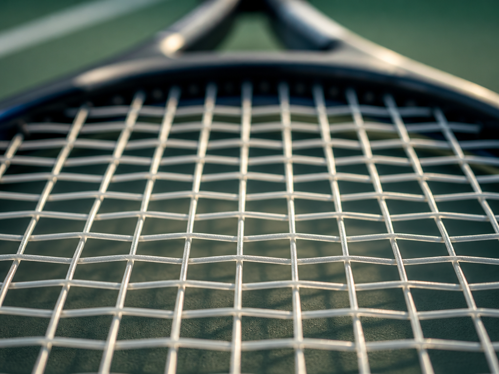 Extreme close-up macro photograph of a tennis racquet's string bed, filling the frame with…