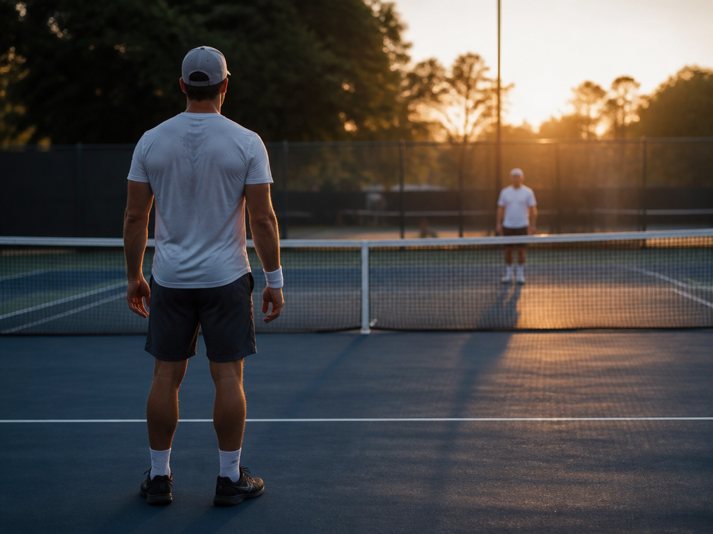 A photorealistic wide-angle photograph taken from behind the baseline of an empty public tennis…