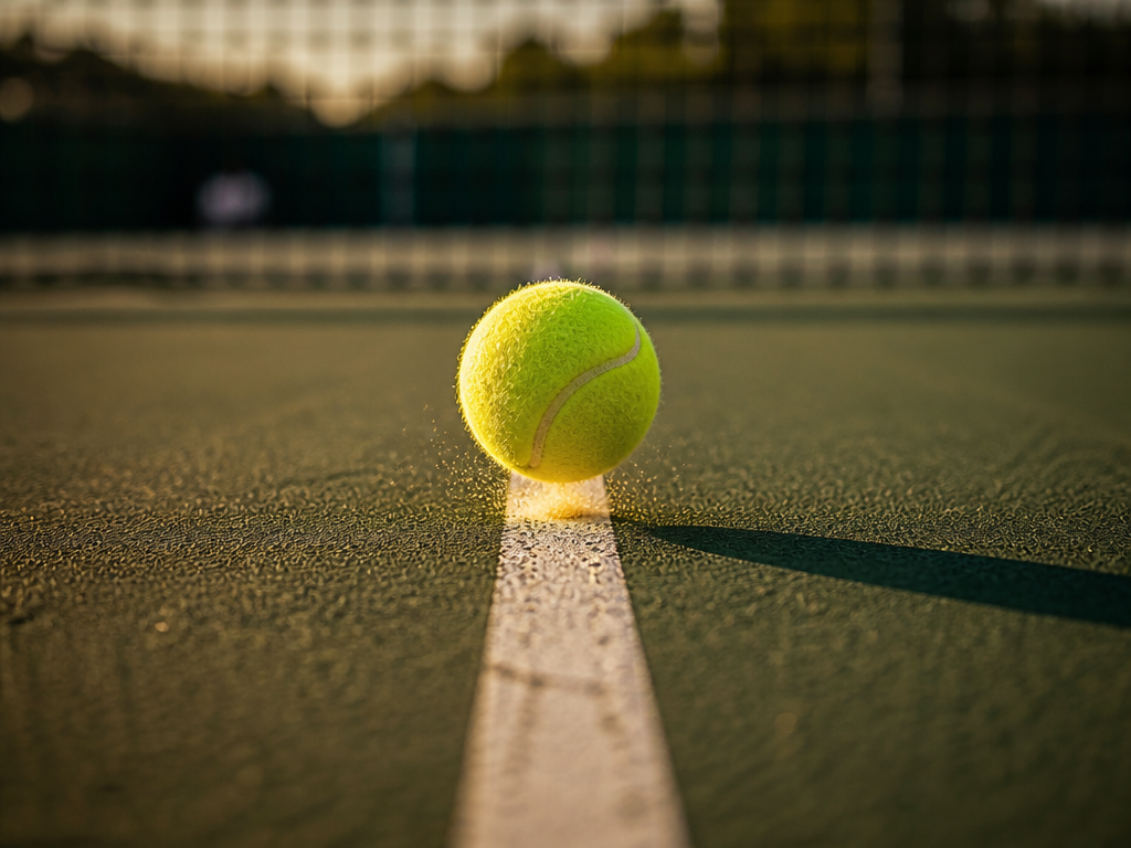 A close-up photorealistic photograph of a worn white sideline on a green hard tennis…