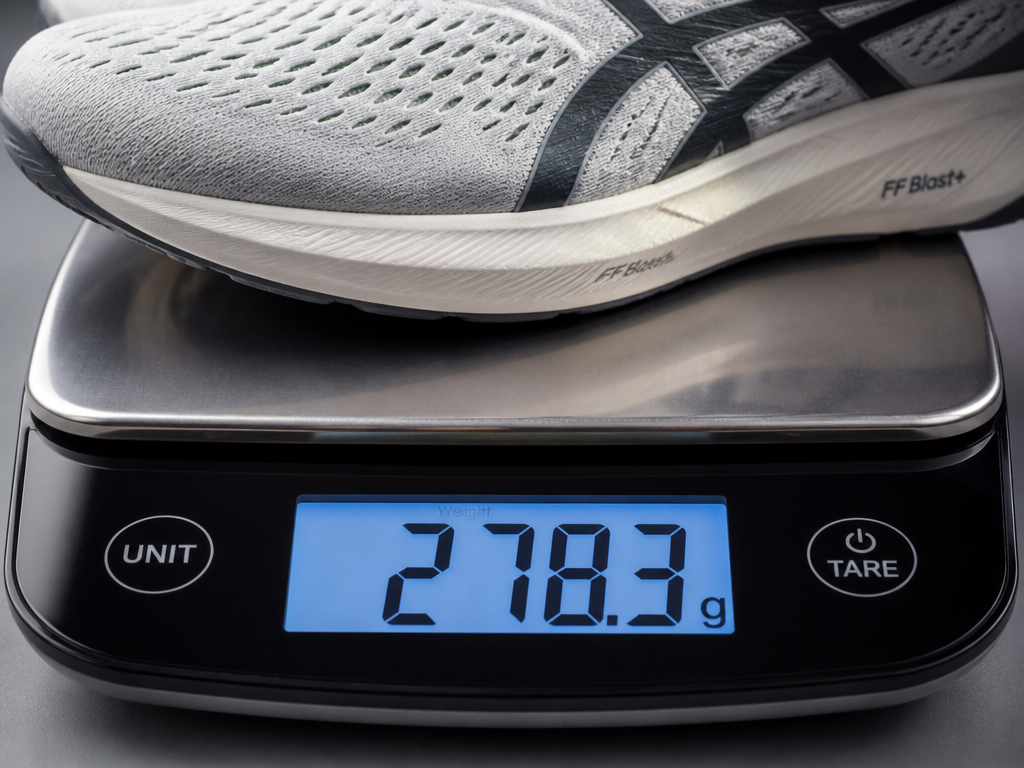 Close-up macro photograph of a digital kitchen-style scale displaying a weight reading with a…