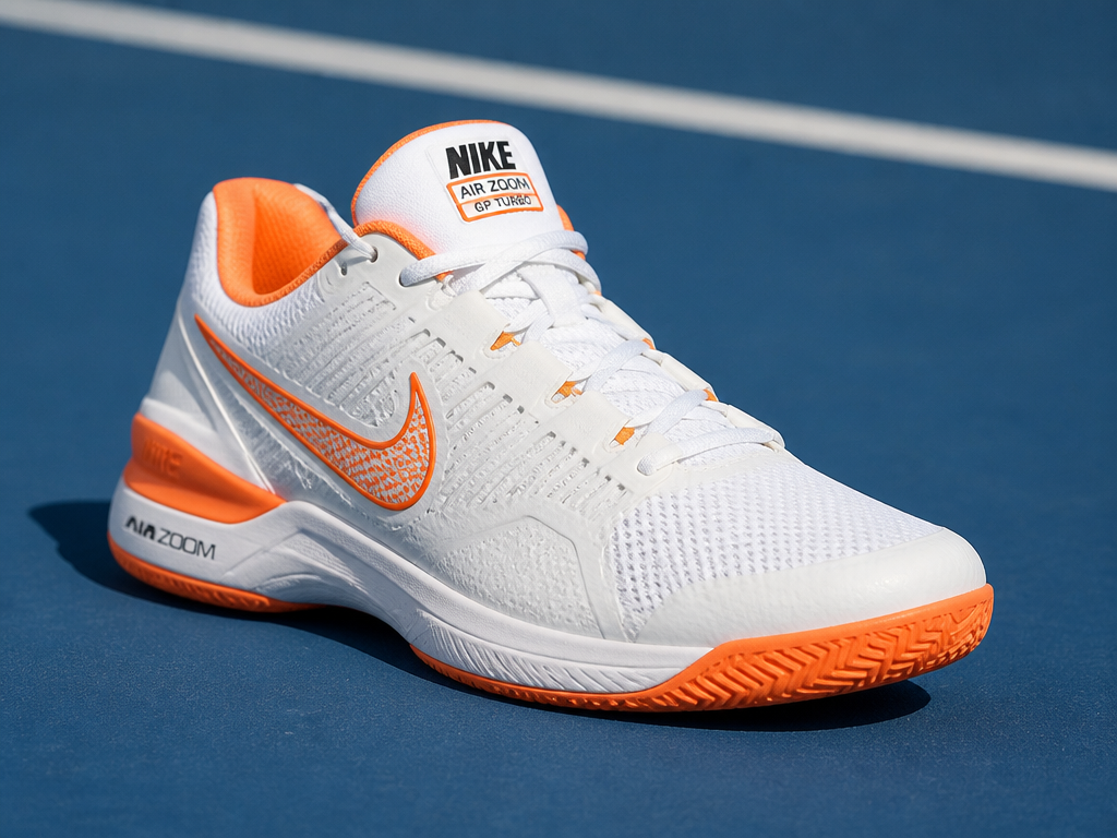 A single white-and-orange Nike Air Zoom GP Turbo tennis shoe resting on a blue…