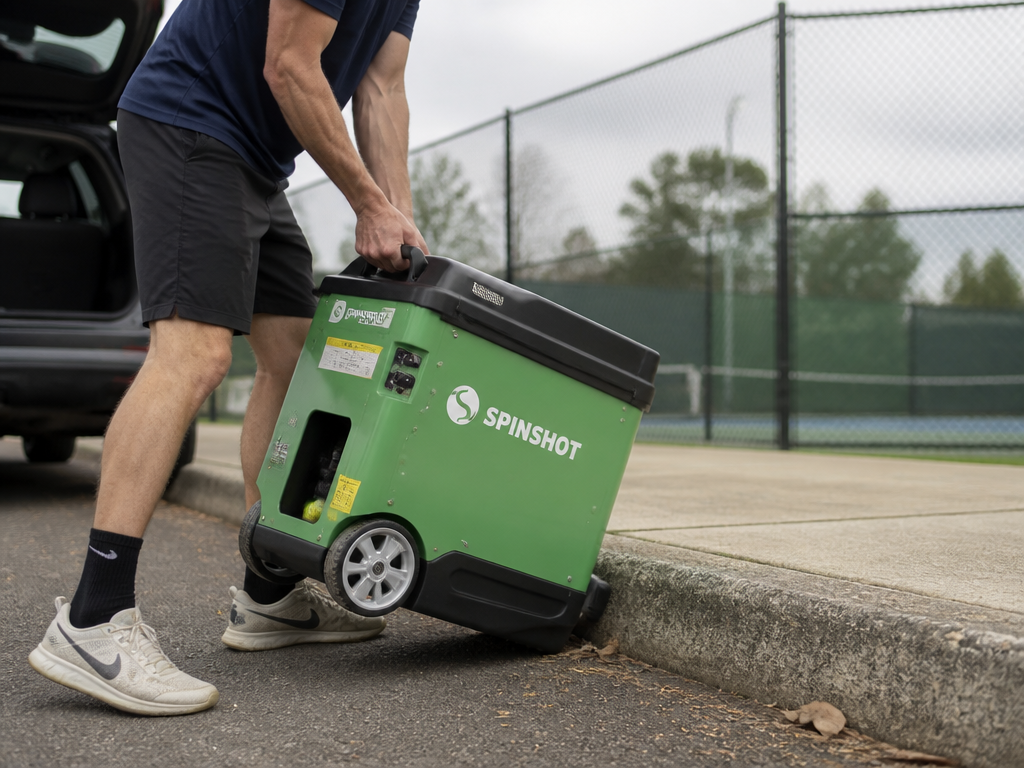 A photorealistic side-angle scene of a person lifting a heavy tennis ball machine by…