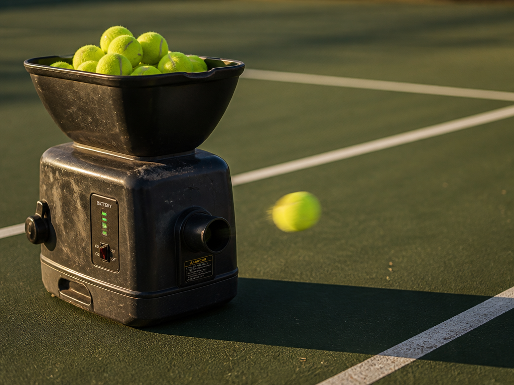 A photorealistic close-up of a tennis ball machine resting on the green hard court…