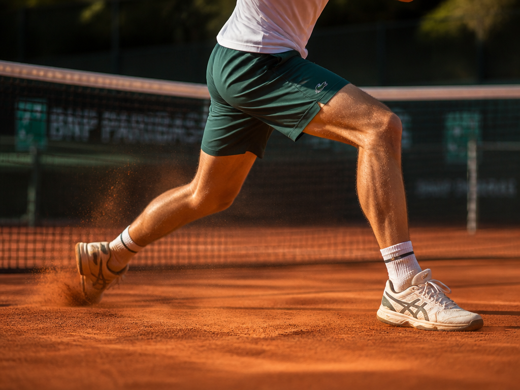Wide low-angle action photograph of a tennis player captured mid-stride during a forehand, weight…